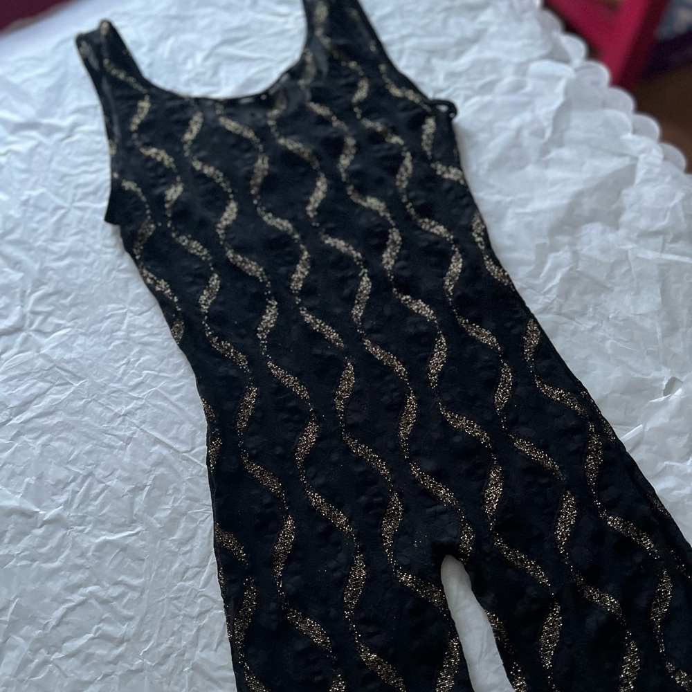 VTG 80s S sheer lace jumpsuit bodycon gold wavy lines disco small roller skating - Picture 9 of 13